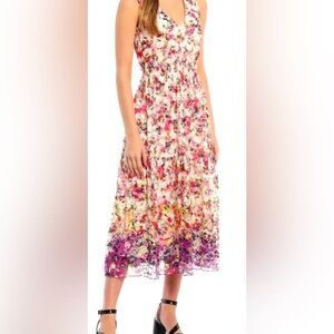 Maison Tara floral  Cream and Pink Tiered Midi Dress Resort Wear